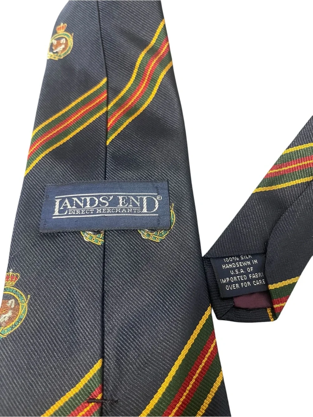 Lands' End Navy Crest Stripe Silk Tie with Red and Yellow Accents